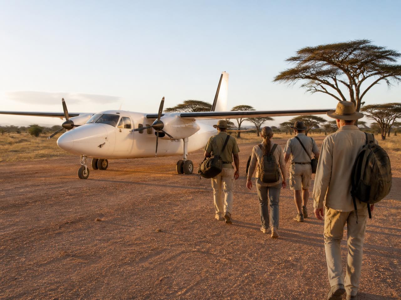 Travellers boarding a safari aircraft on a bush airstrip