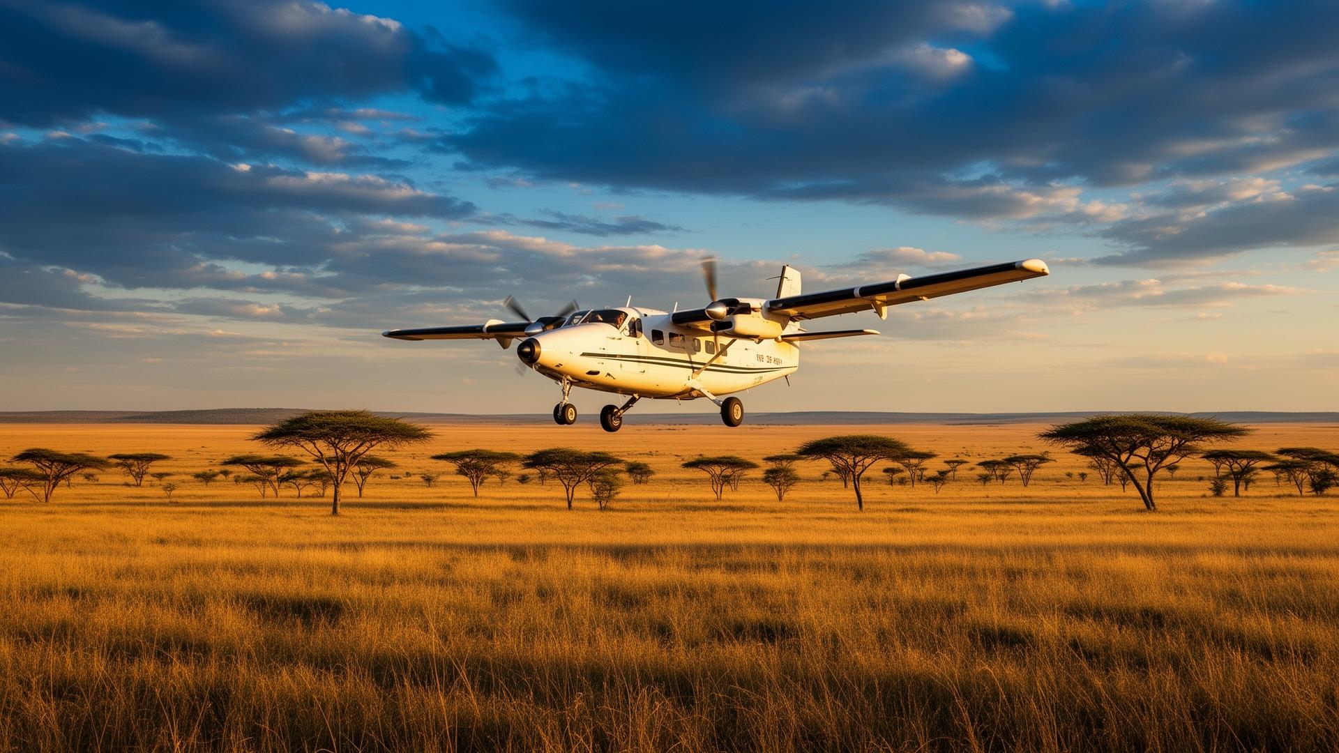 Safari plane over the Maasai Mara at sunset
